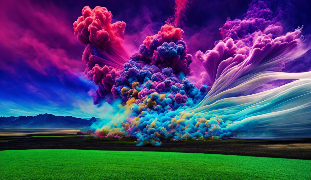 Colorful surreal landscape with vibrant field and dramatic sky