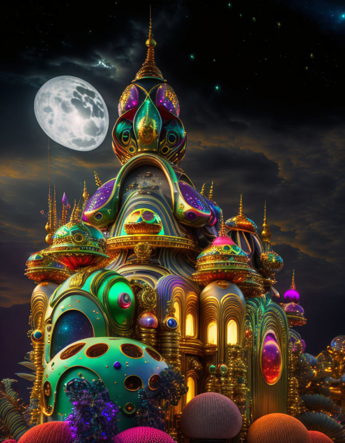 Colorful palace with ornate spires under a starry night sky