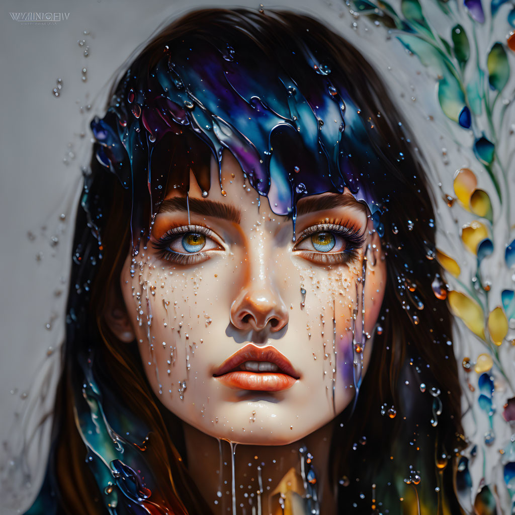 Colorful Digital Artwork: Woman's Face with Flowing Colors and Water Droplets