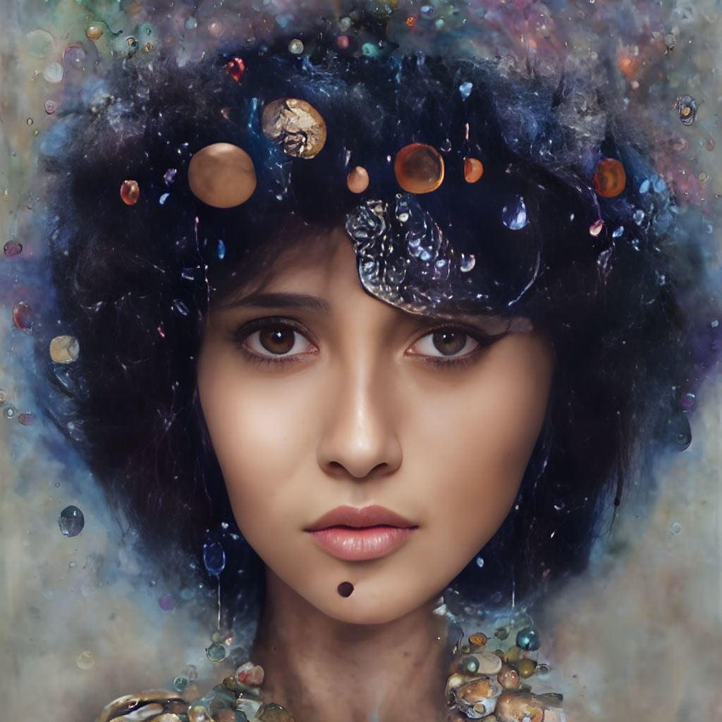 Surreal portrait of woman with cosmic-themed hair against celestial backdrop