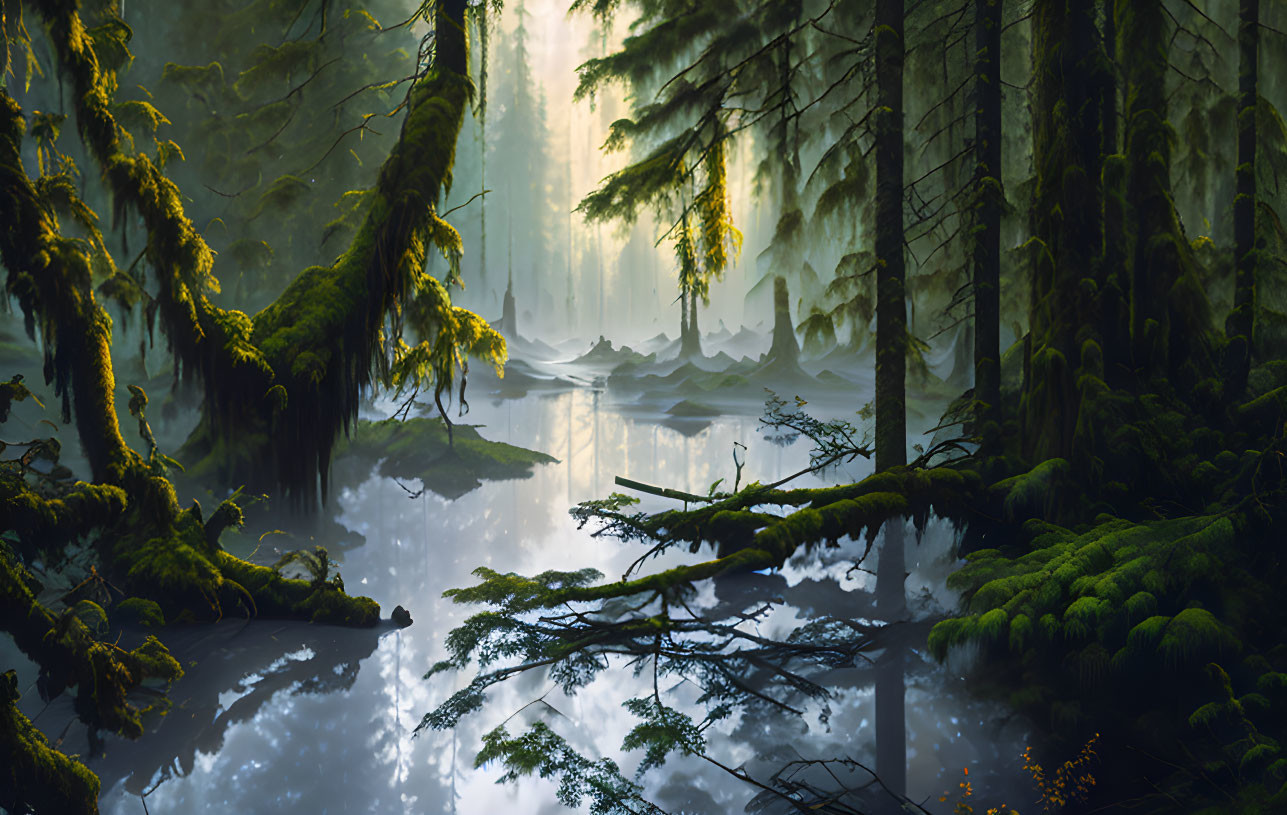 Sun rays in misty forest with serene water and moss-covered branches