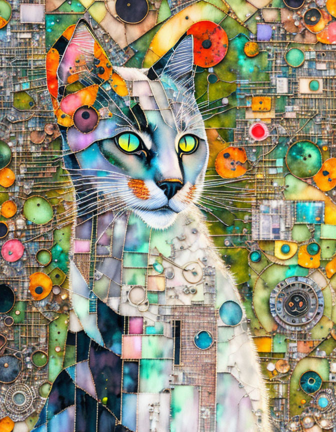 Colorful geometric mosaic artwork of a cat with buttons