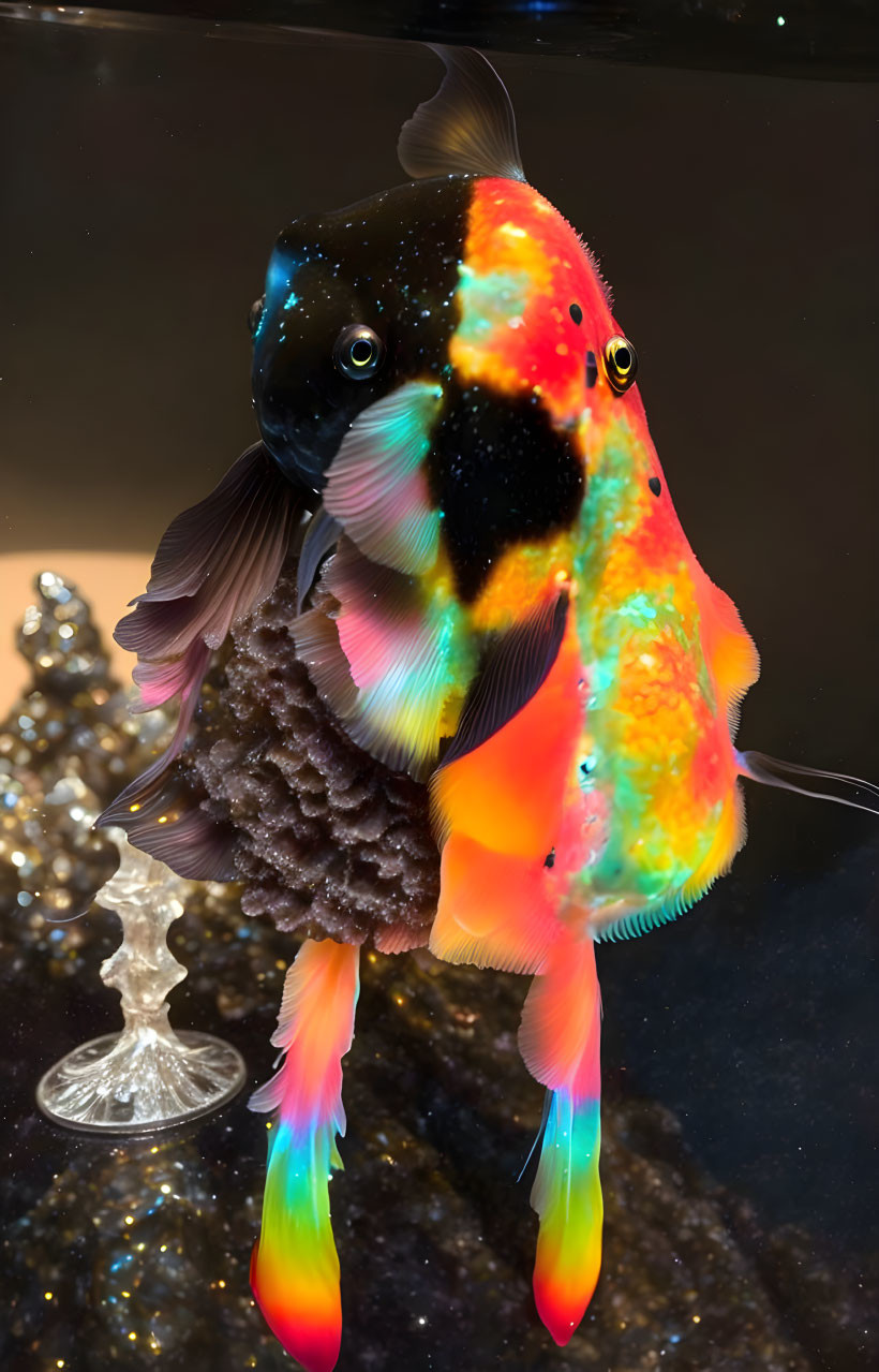 Colorful Rainbow Angelfish Against Dark Backdrop with Crystal-like Object