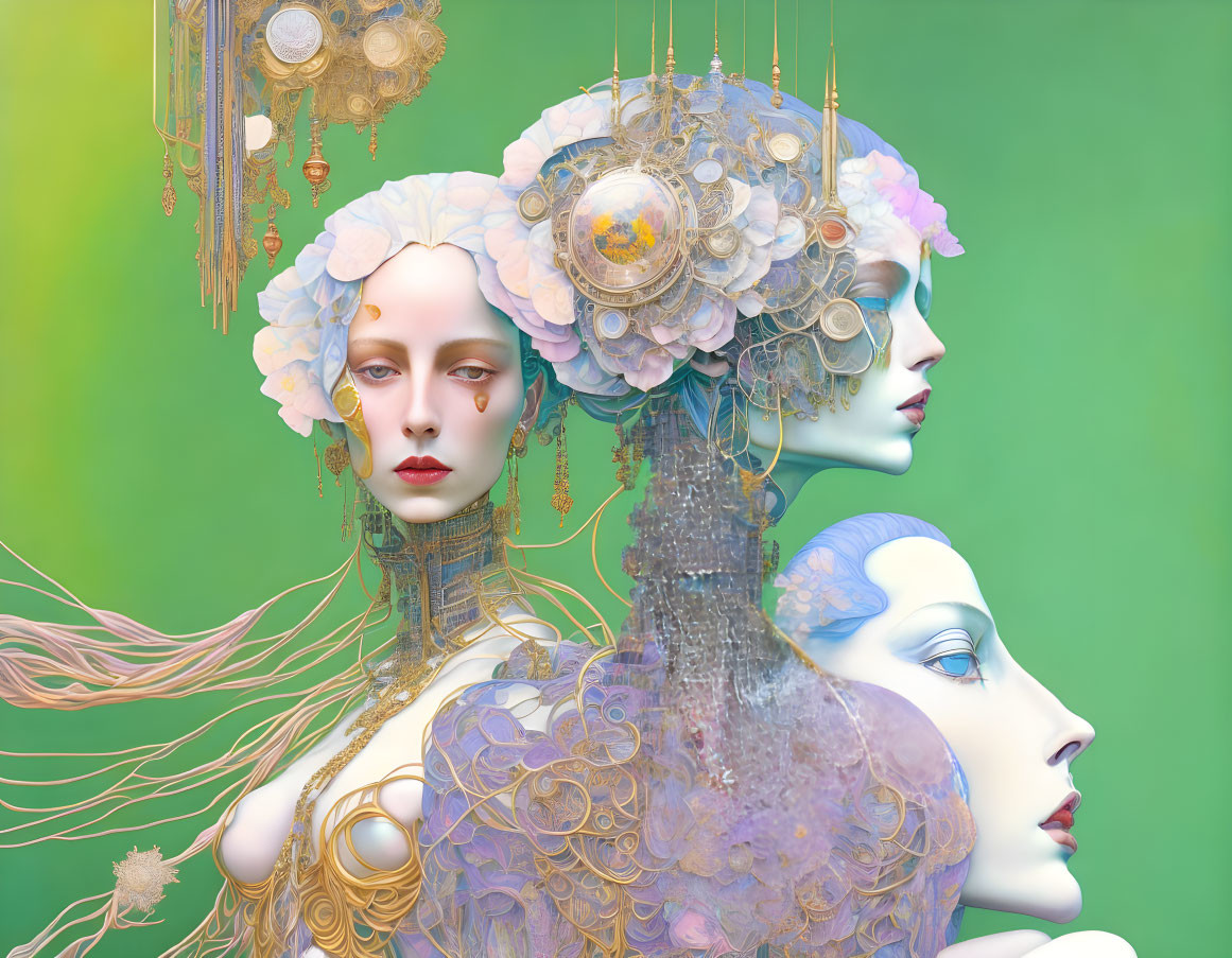 Intricately adorned female figures with floral and mechanical headdresses on green background