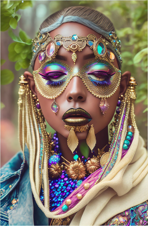 Elaborate Golden Jewelry and Vibrant Purple Makeup on Woman