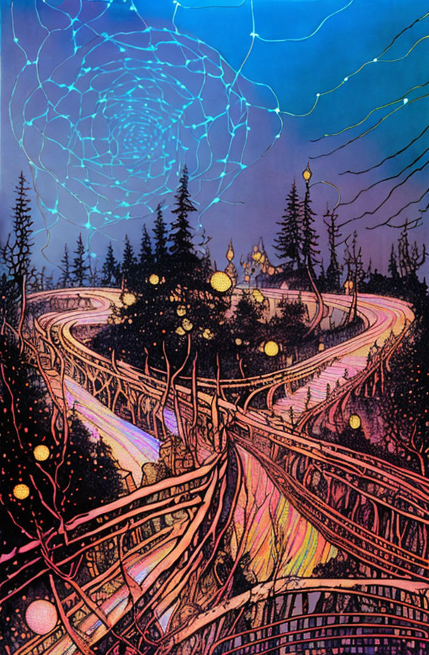 Colorful illustration of swirling roads and tree roots under a night sky with a glowing spiral