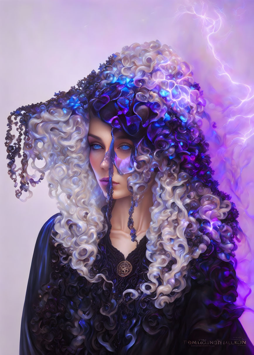 Fantasy portrait featuring person with curly white and black hair, blue highlights, purple tendrils, orn