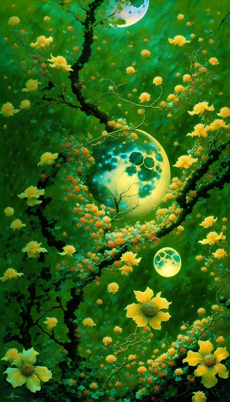 Vibrant Green Fantasy Forest with Yellow Flowers and Surreal Moons