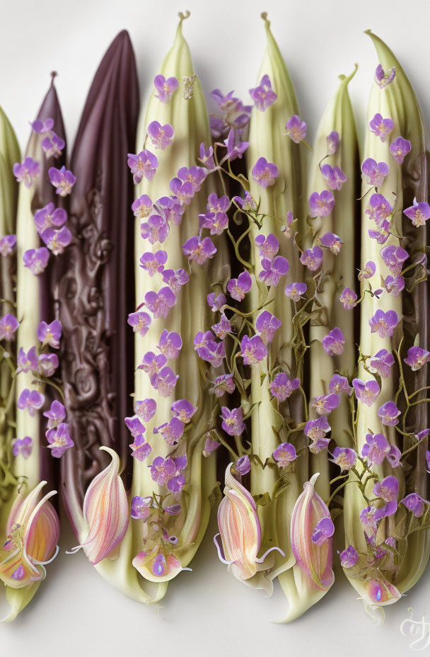 Purple and White Foxglove Flowers with Chocolate Pieces on White Background