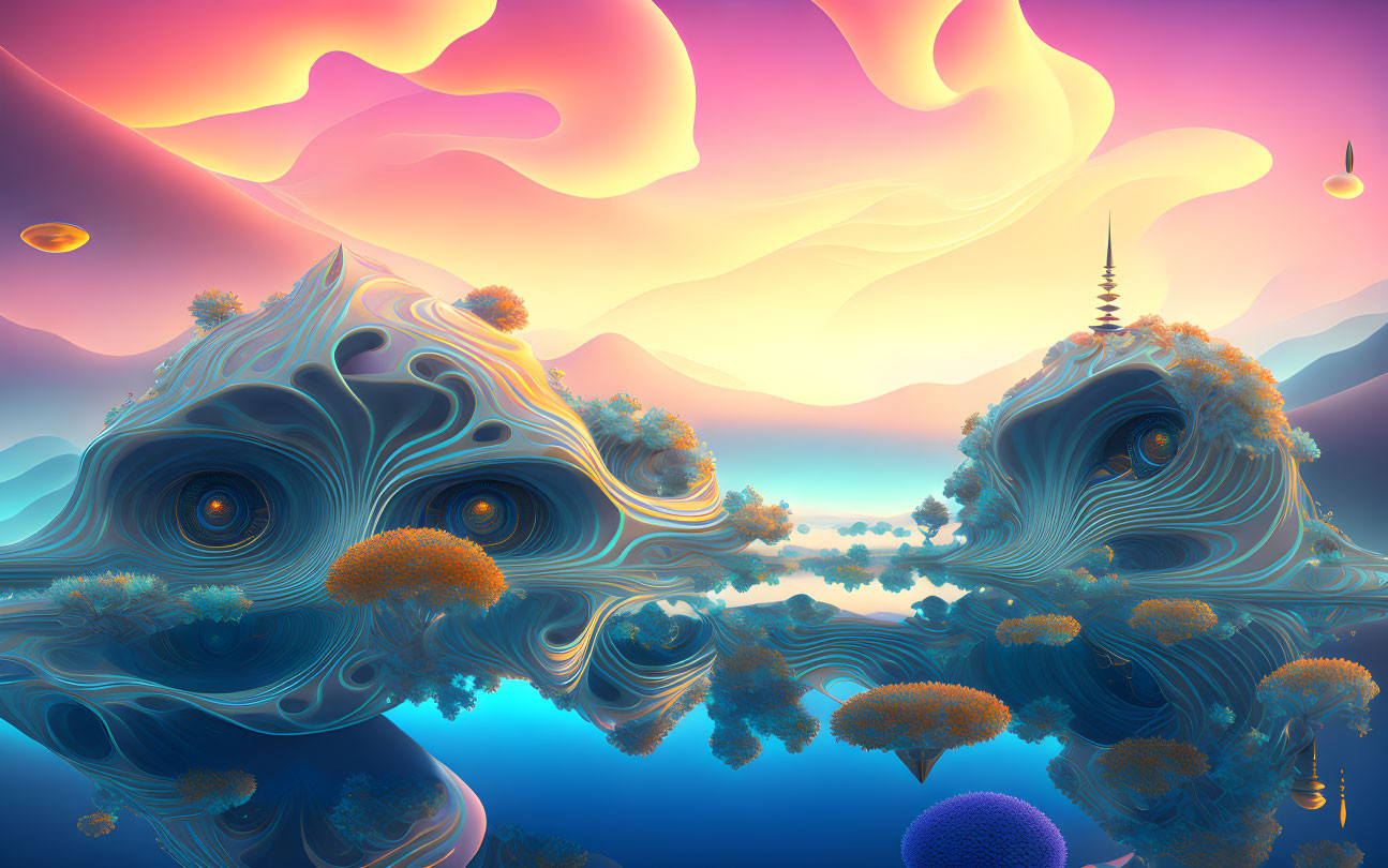 Surreal landscape with mirrored hills and pastel sky