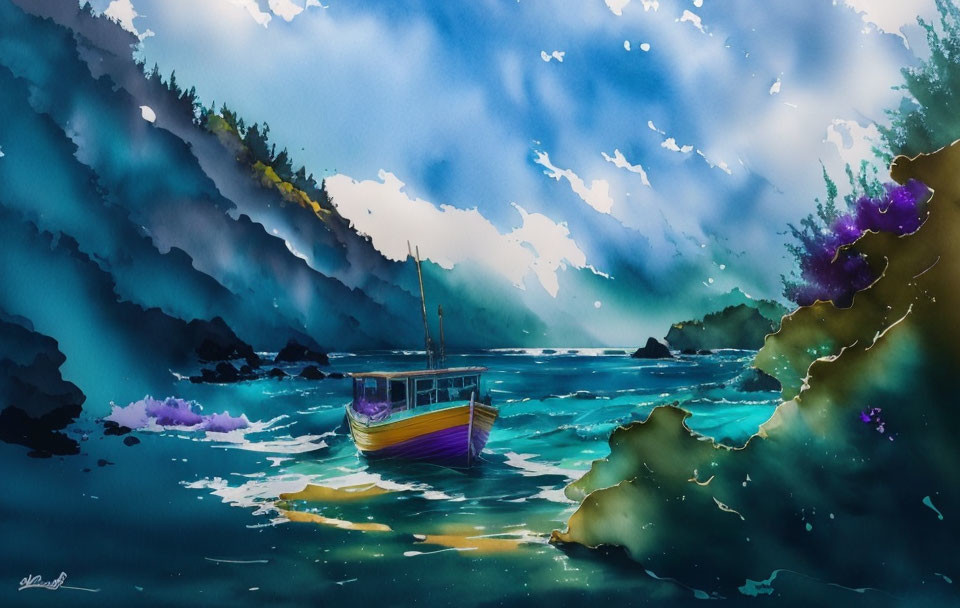 Serene Turquoise Bay Watercolor Painting with Boat & Misty Mountains