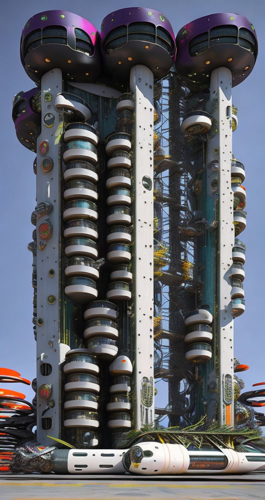 Futuristic tower with circular pods and levels against blue sky