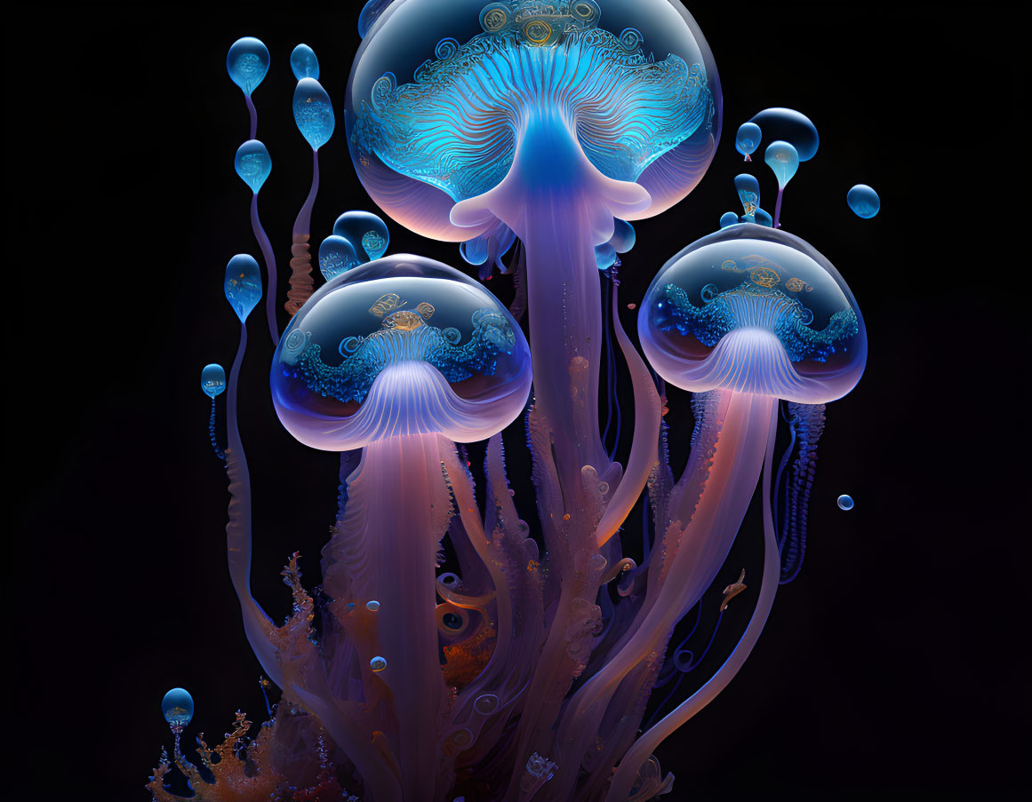 Bioluminescent jellyfish illustration in dark marine setting