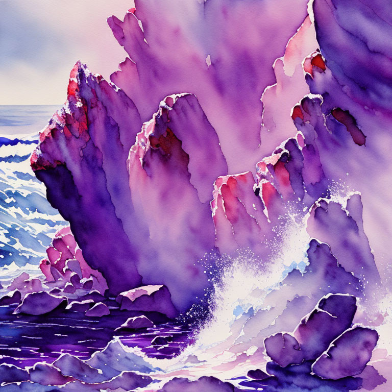 Violet and Pink Rocky Seascape with Dynamic Waves and Colorful Sky