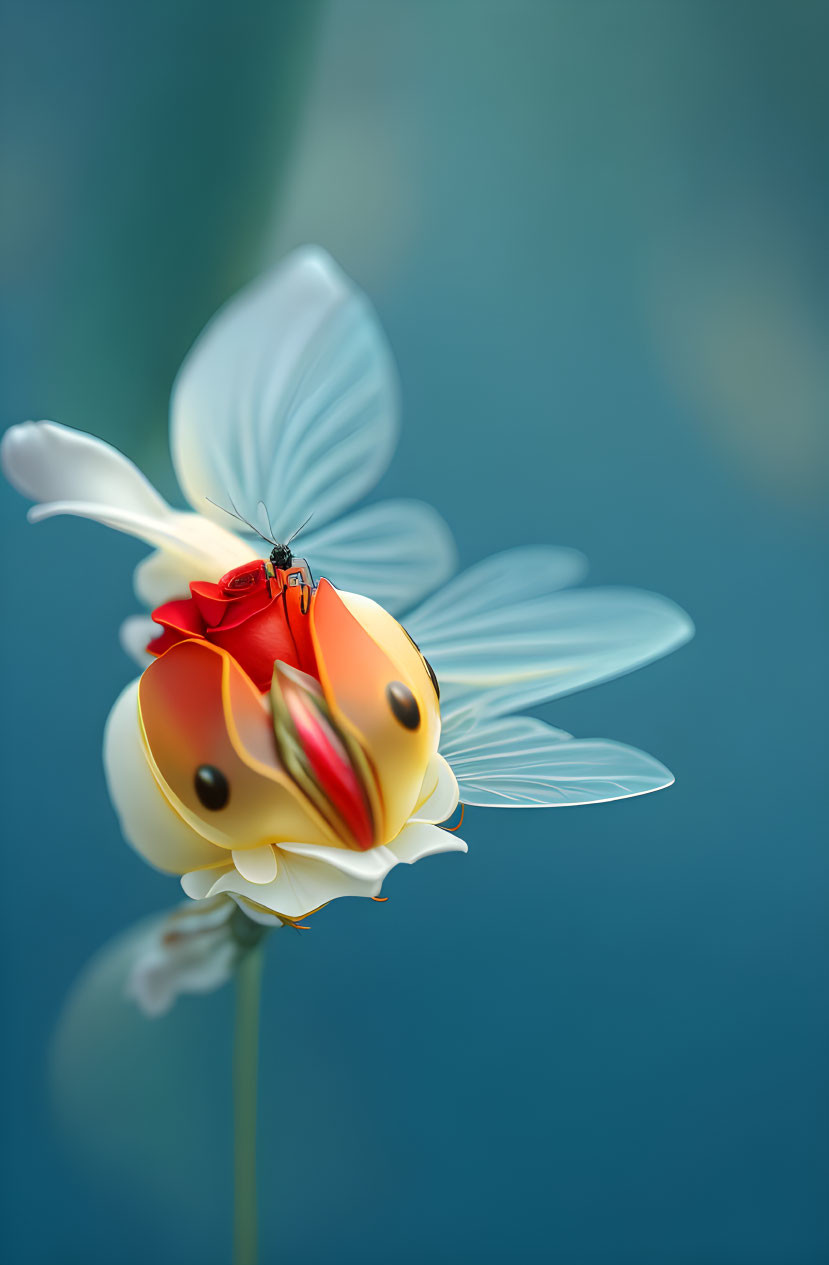 Red ladybug on yellow flower with open wings against blue background