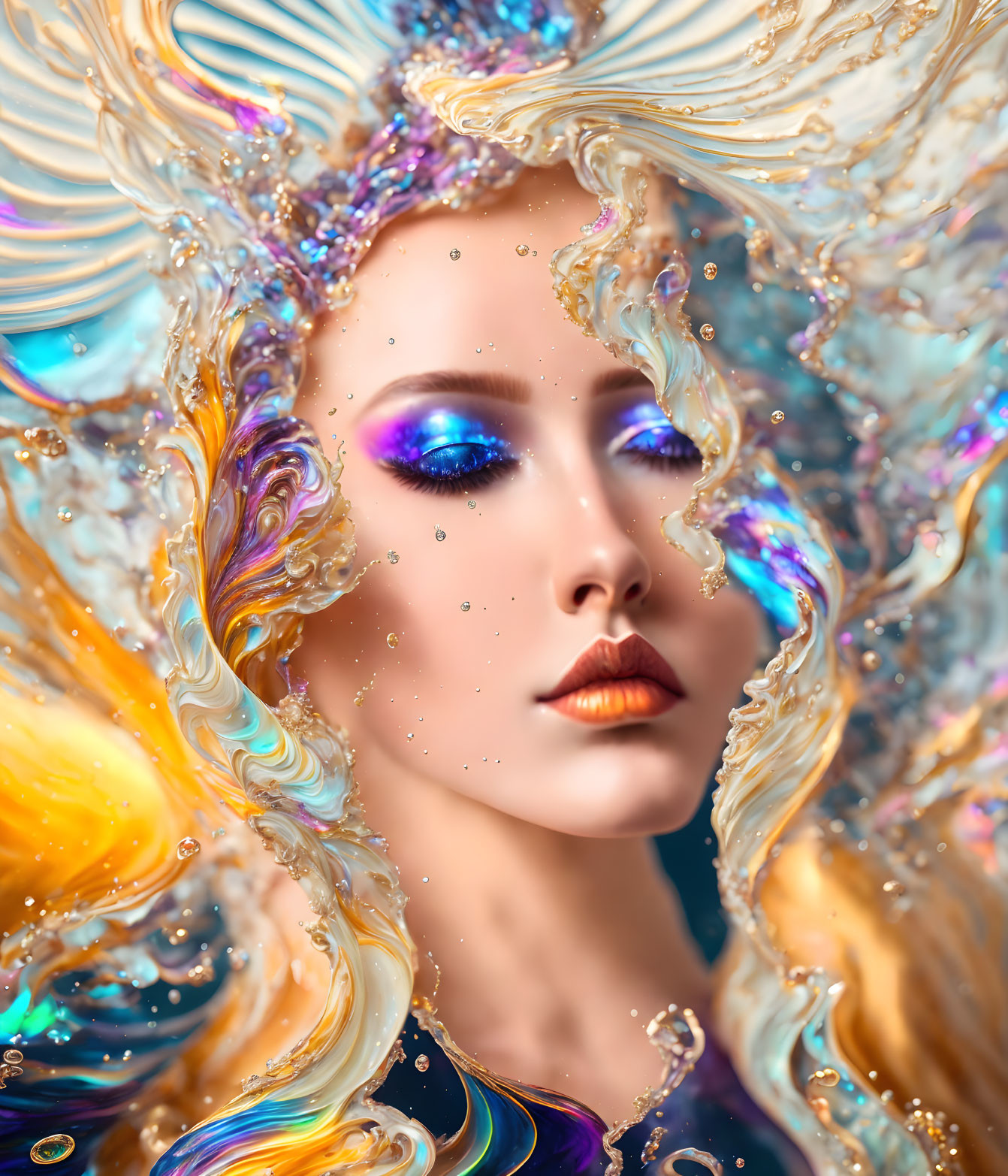 Colorful Makeup Woman Surrounded by Gold, Blue, and White Abstract Patterns