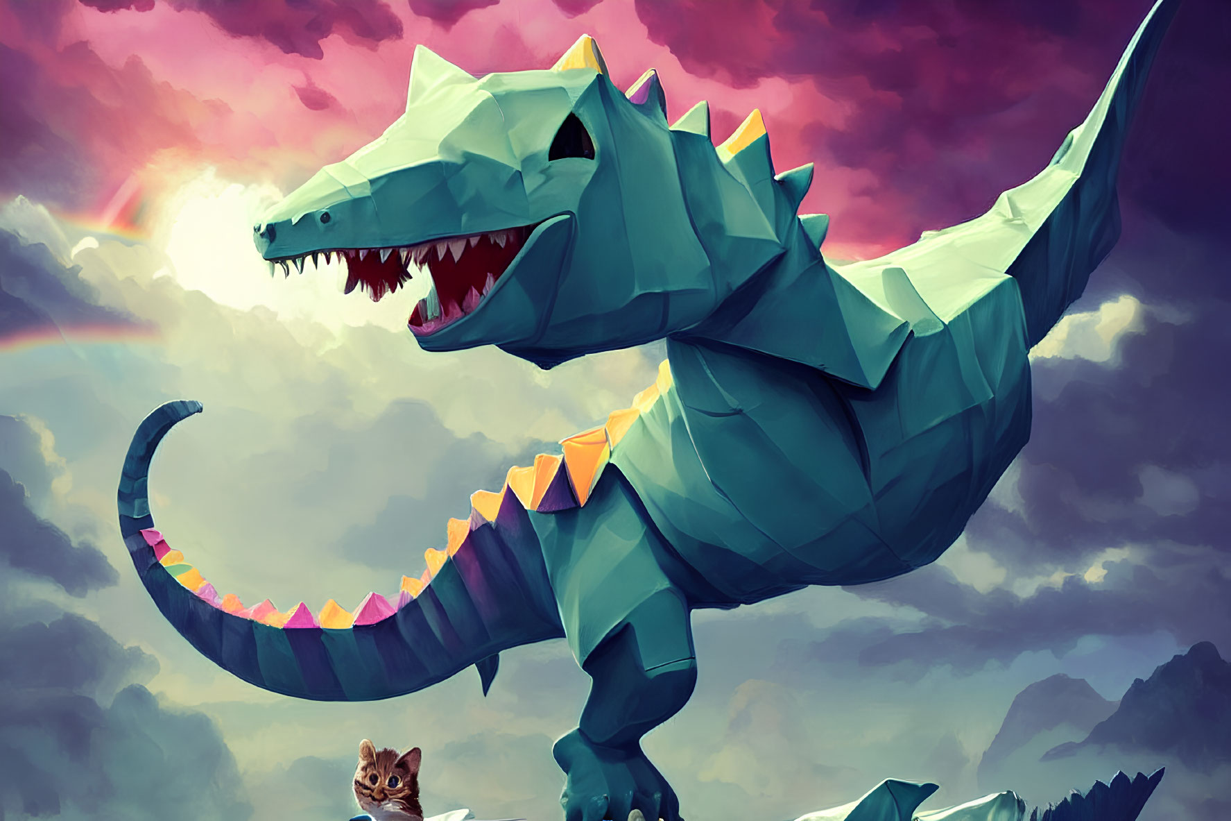 Stylized large blue origami dinosaur with orange spikes and surprised cat under dramatic sky