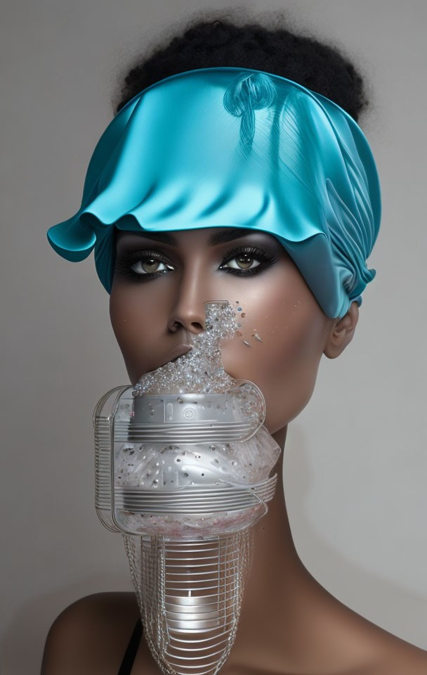 Woman's face transitions to metallic structure with blue turban on neutral background