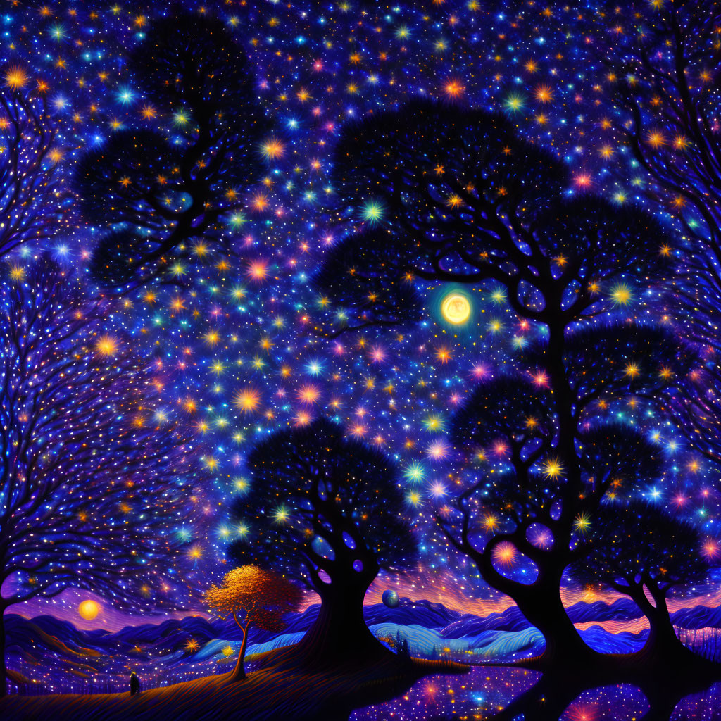 Colorful painting of silhouetted trees under starry night sky