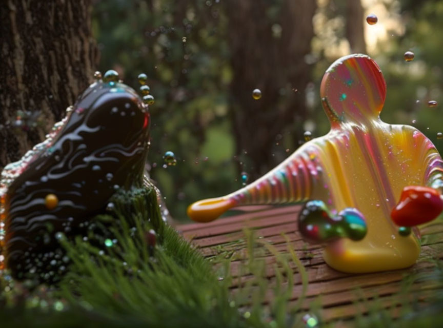 Vibrant slug-like creatures on wooden surface with grass and light filtering through trees