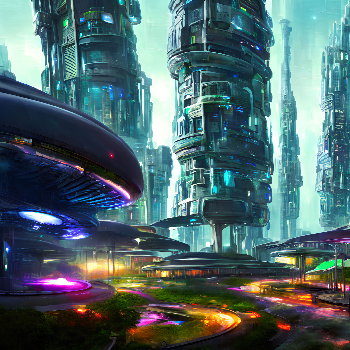 Futuristic cityscape with towering skyscrapers and glowing roads