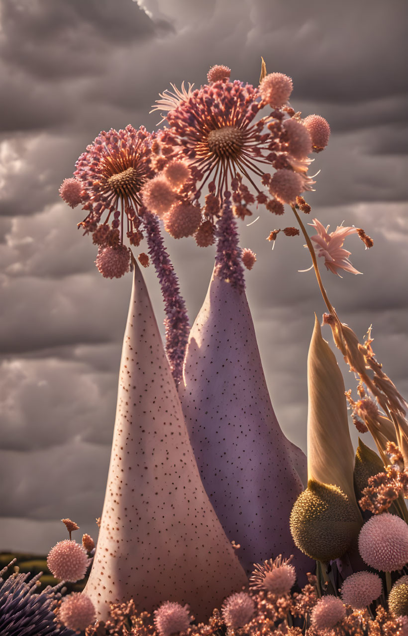 Surreal flower-like shapes in dreamy pastel landscape