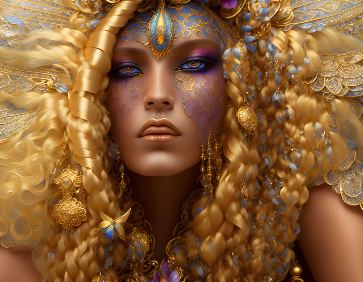 Fantasy portrait of woman with golden headdress and jewelry