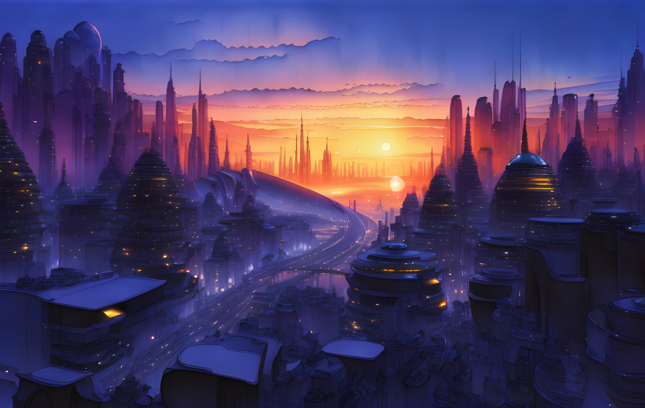 Futuristic cityscape digital artwork at sunset