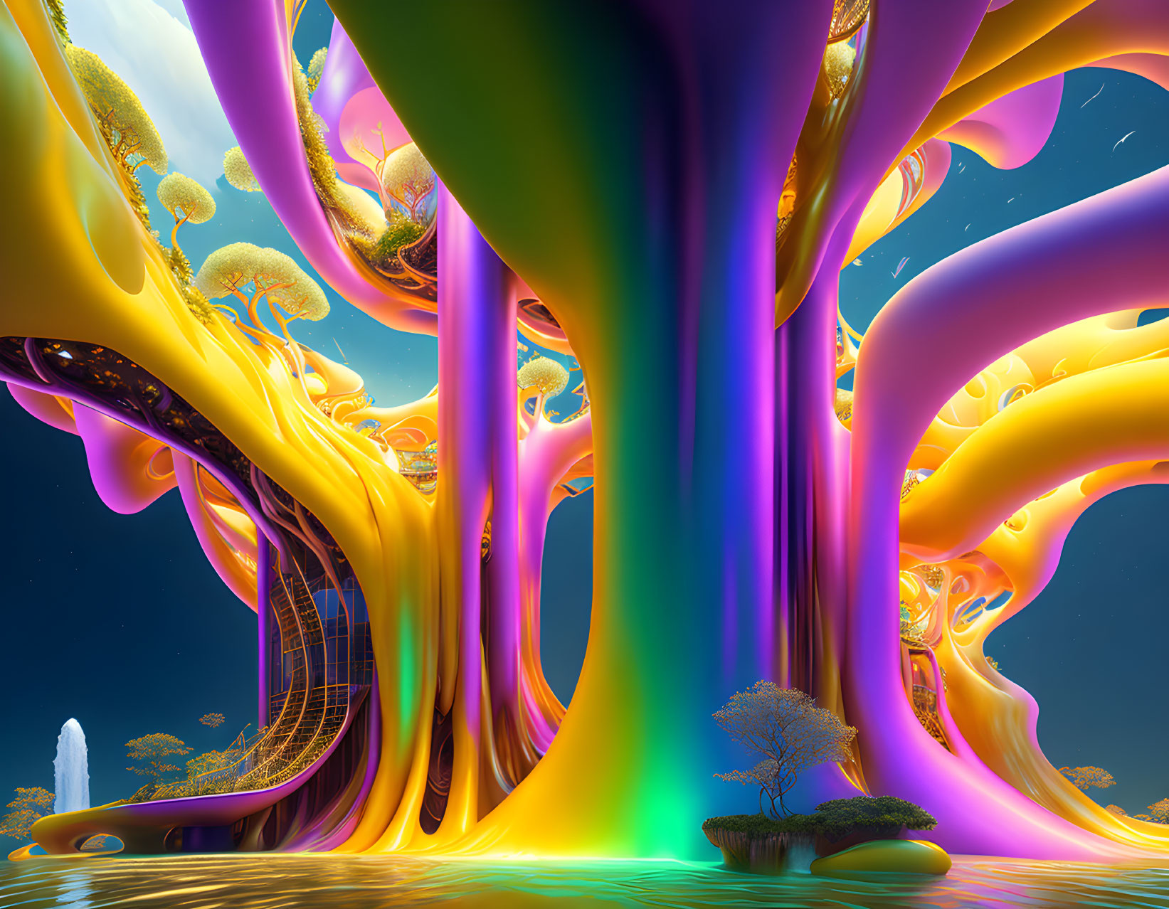 Vibrant surreal landscape with twisted trees in purple and yellow hues