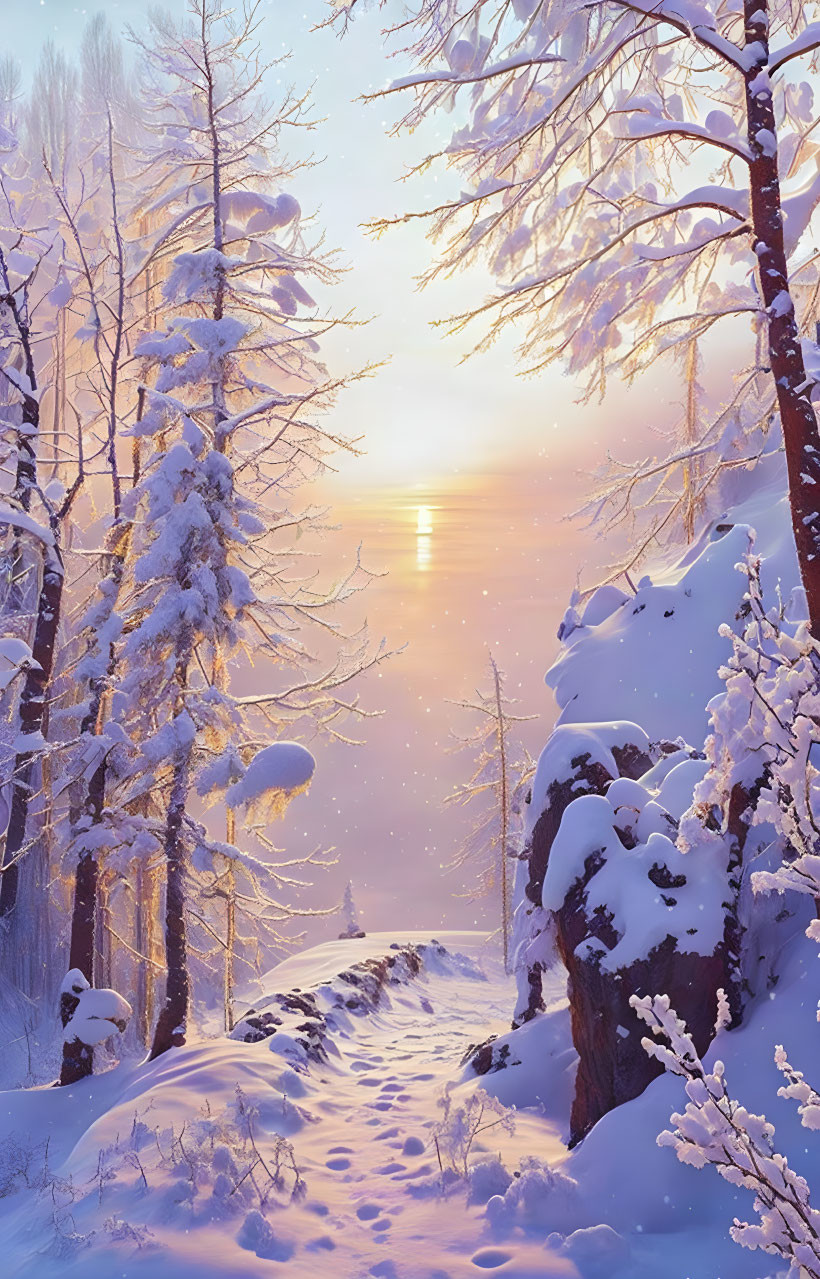 Winter Sunset over Snow-Covered Path with Frosty Trees