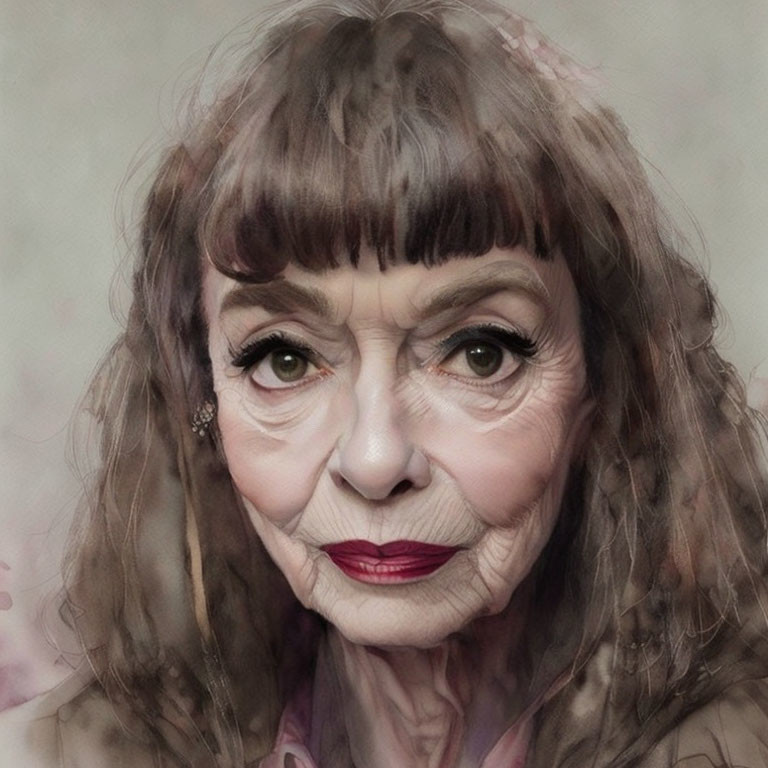 Expressive-eyed elderly woman with red lipstick and bangs in earrings.