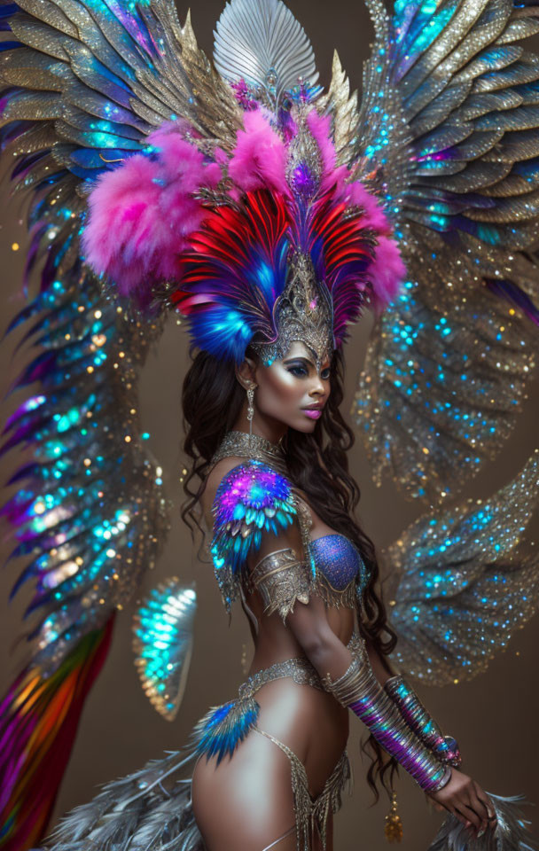 Elaborate costume with iridescent wings and vibrant feathers