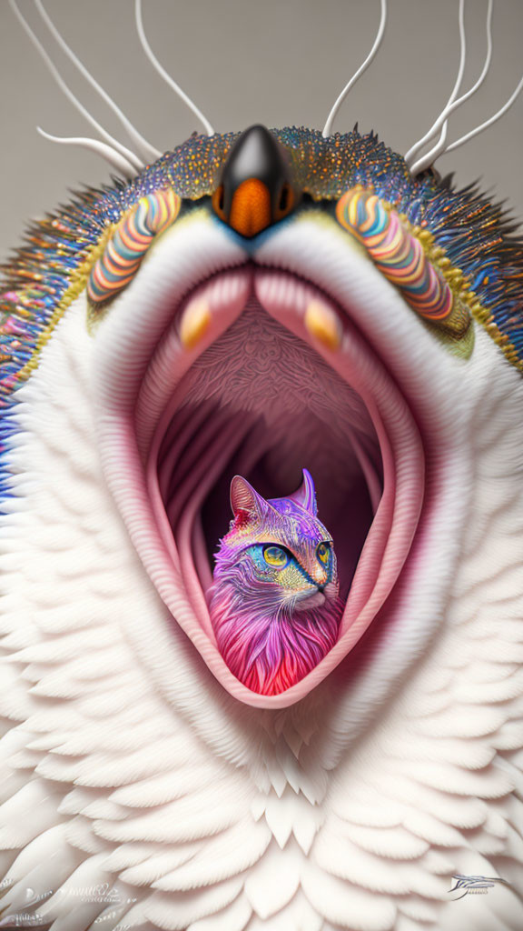 Surreal artwork: Cat's head in bird's beak with vibrant colors