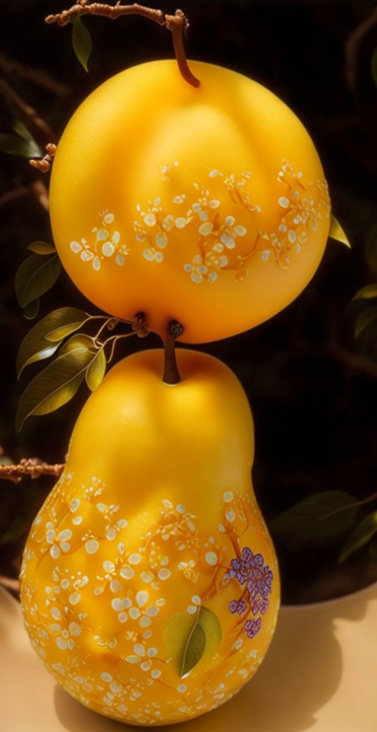 Yellow Pears with White Floral Patterns on Dark Background