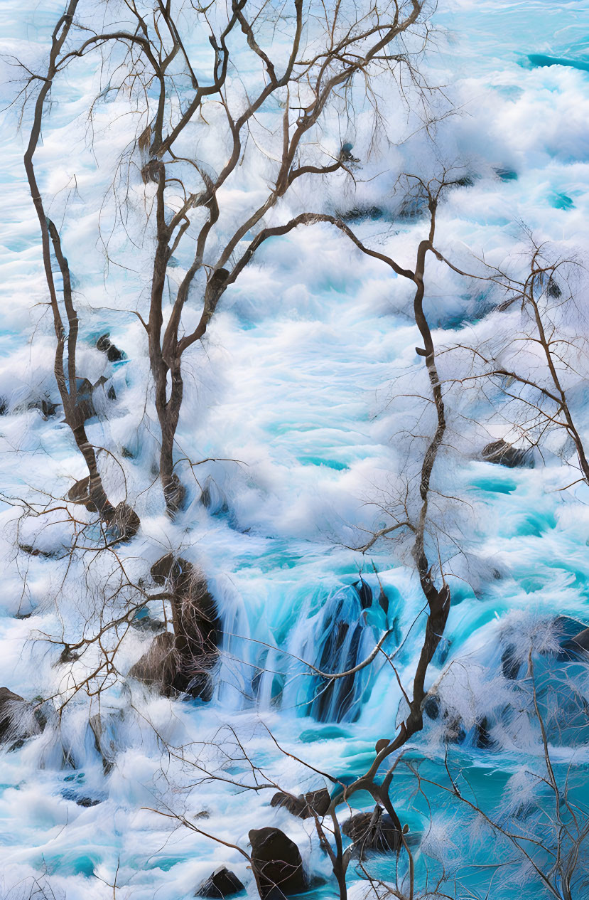 Twisting bare trees frame turquoise waterfall over rocks