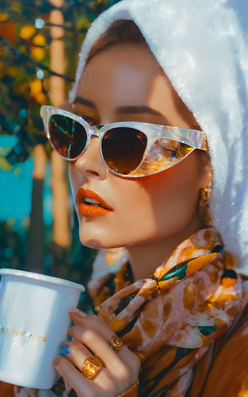 Fashionable woman in headscarf and sunglasses holding a mug under warm sunlight