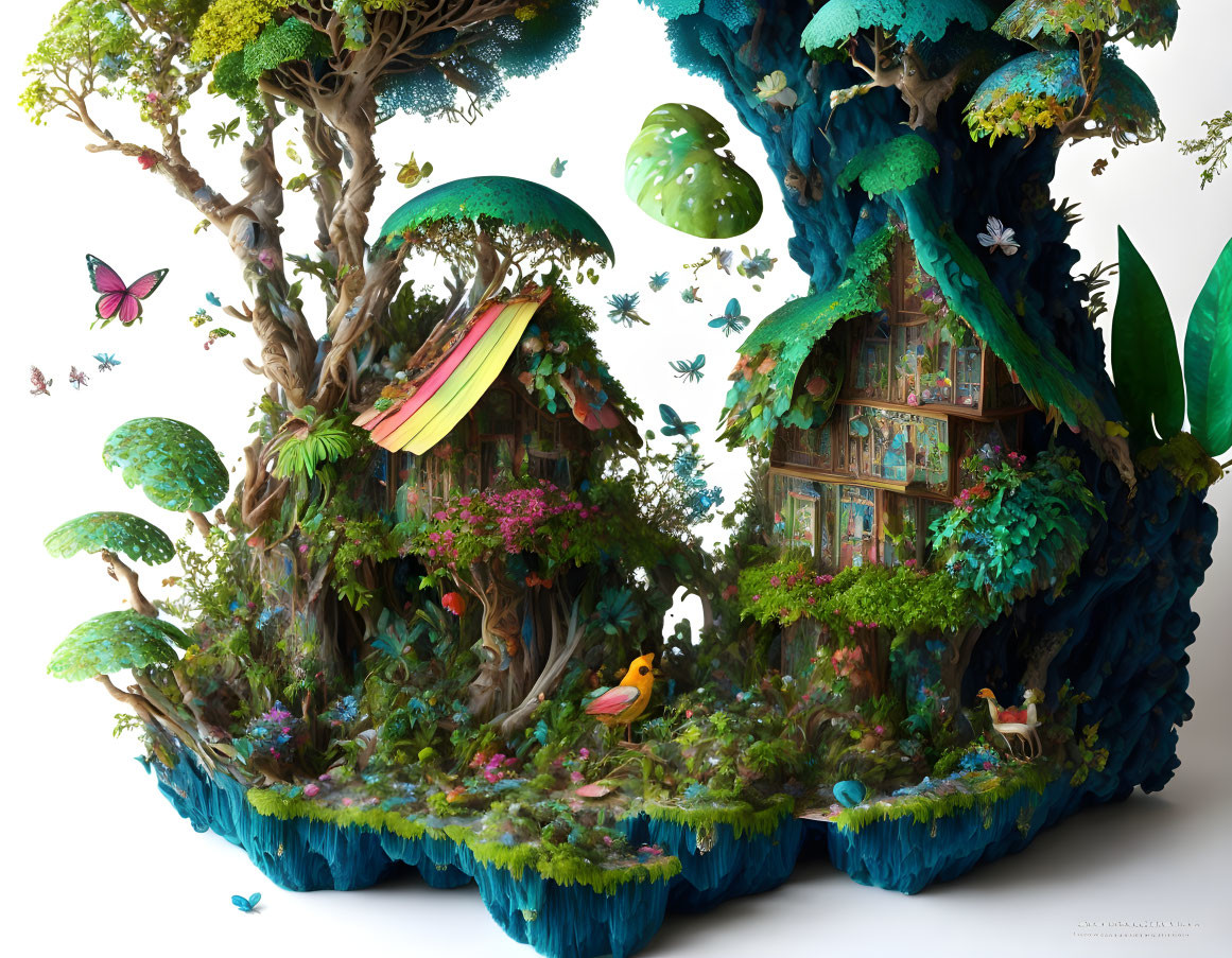 Whimsical treehouse with lush greenery and wildlife inhabitants