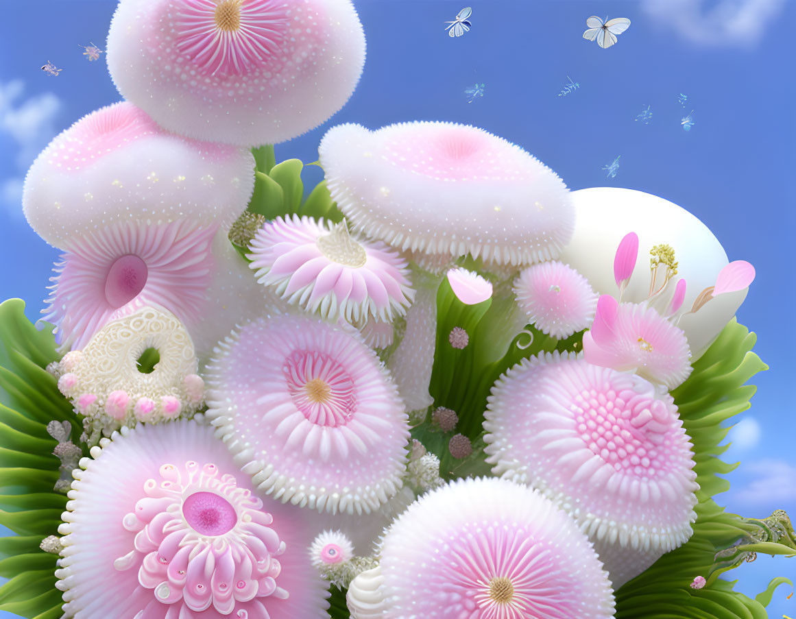 Surrealistic oversized pink and white flowers against a blue sky with flying insects