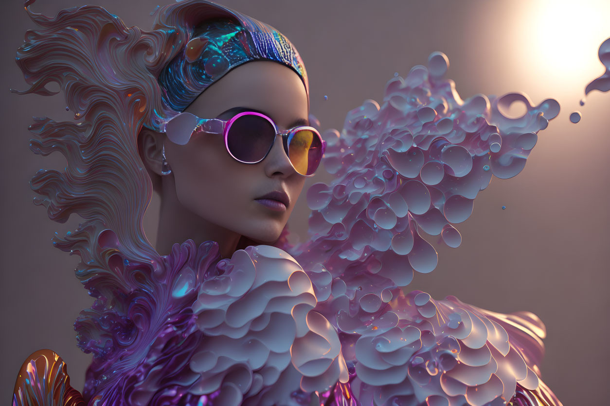 Stylized 3D rendering of woman with iridescent bubble-like attire