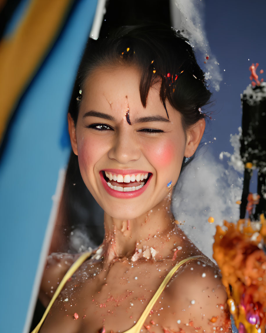 Colorful confetti and glitter adorn joyful woman in vibrant moment