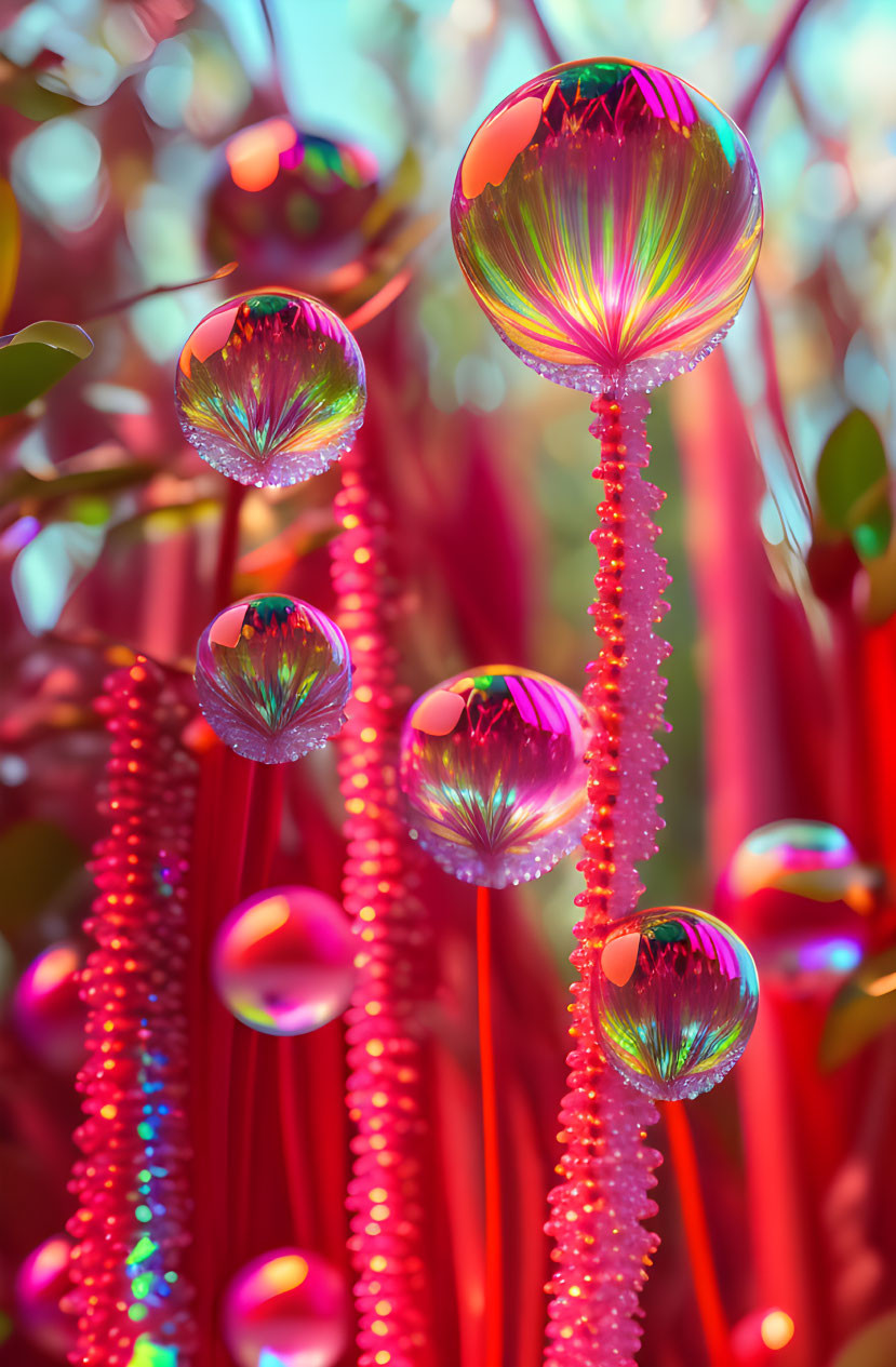 Colorful digital artwork: iridescent bubbles on pink stalks in greenery