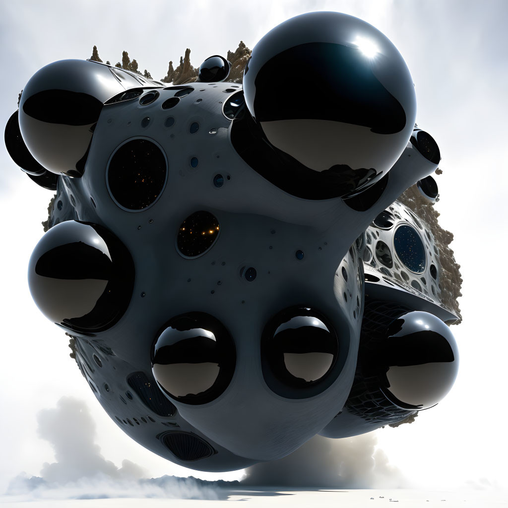 Surreal 3D Artwork: Complex Structure with Black Spherical Protrusions