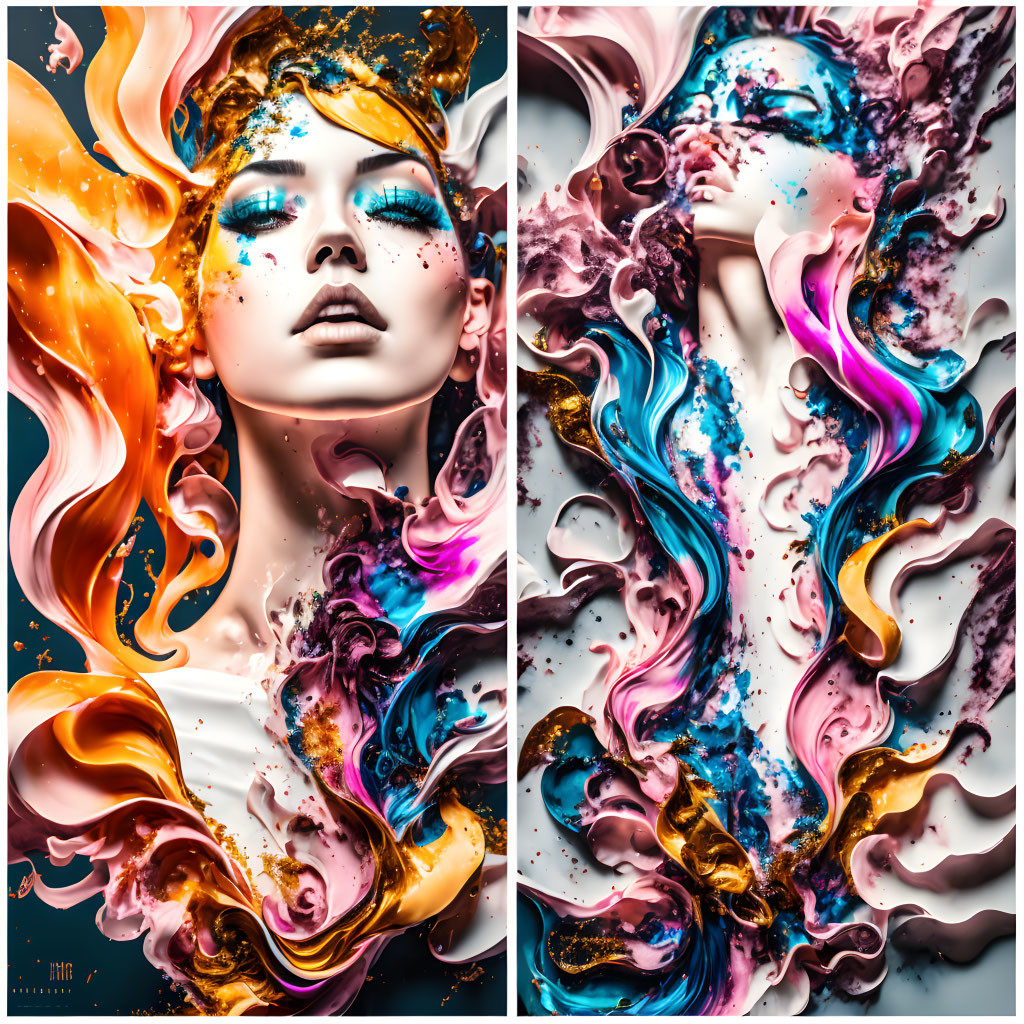 Symmetrical faces in vibrant digital artwork with swirling colors