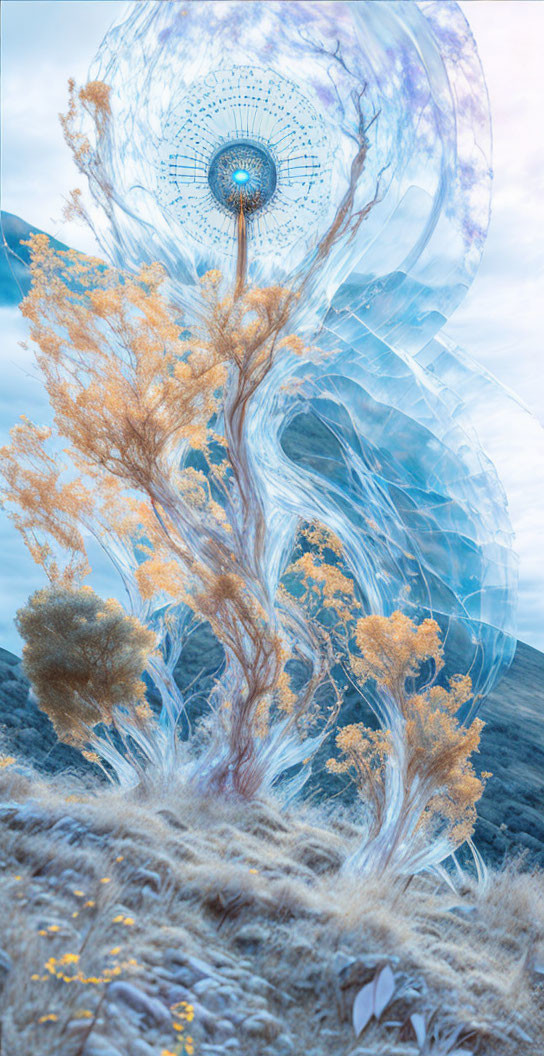 Surreal artwork: Tree to jellyfish transformation with circular pattern, mountainous backdrop