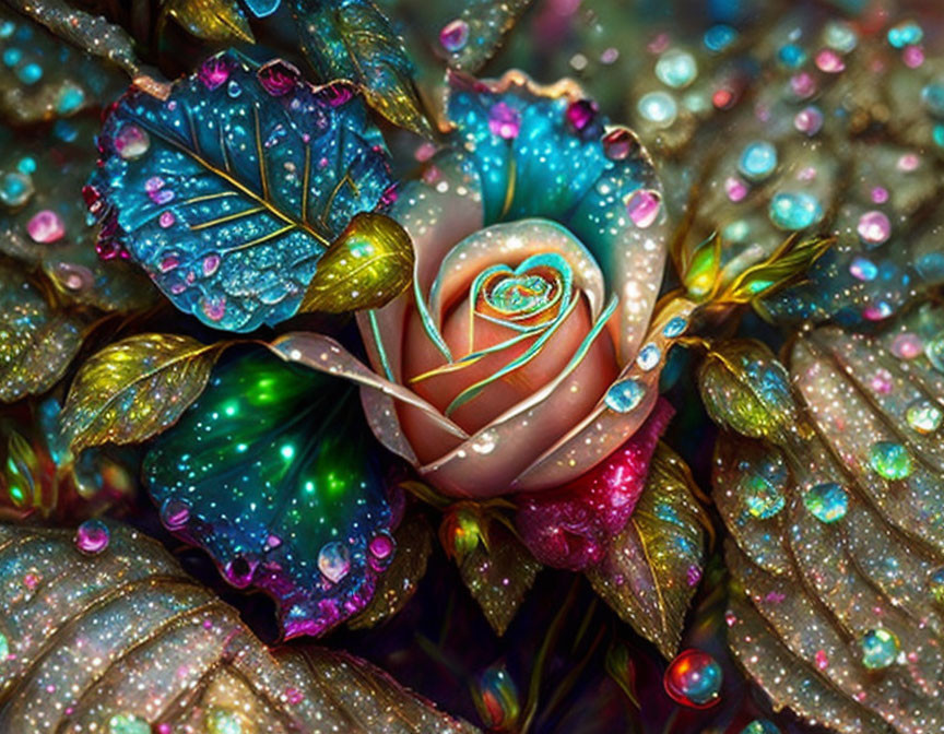 Multicolored neon rose art with glittering leaves and dewdrops