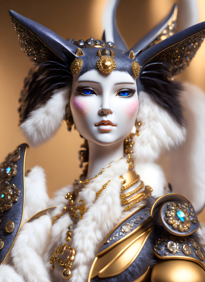 Ornate fantasy-style figurine with feline humanoid face and headdress