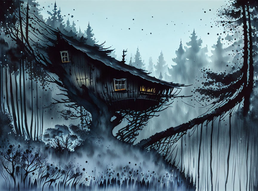 Mystical treehouse in ethereal forest with blue and black palette