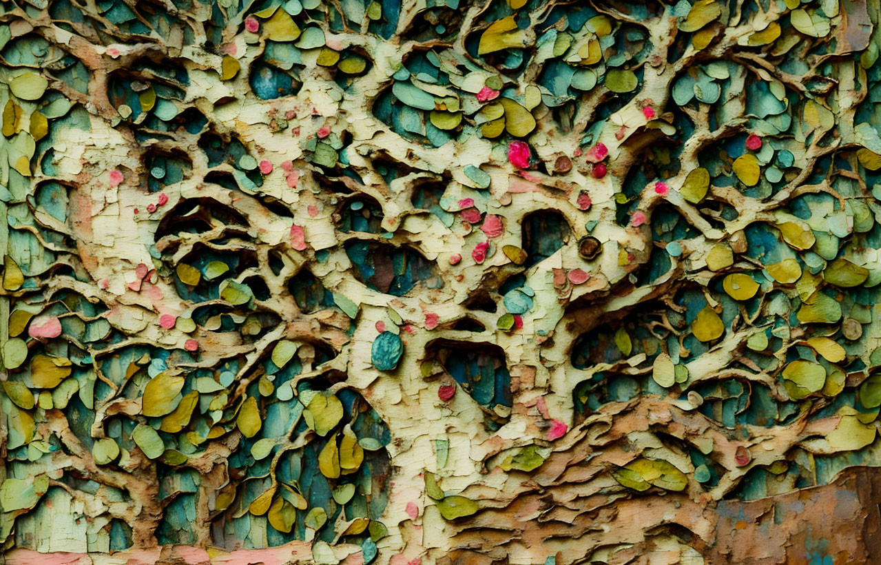 Colorful Tree Mural Close-Up with Peeling Texture