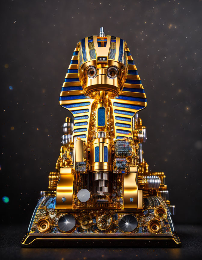 Detailed Golden and Blue Mechanical Robot on Starry Background