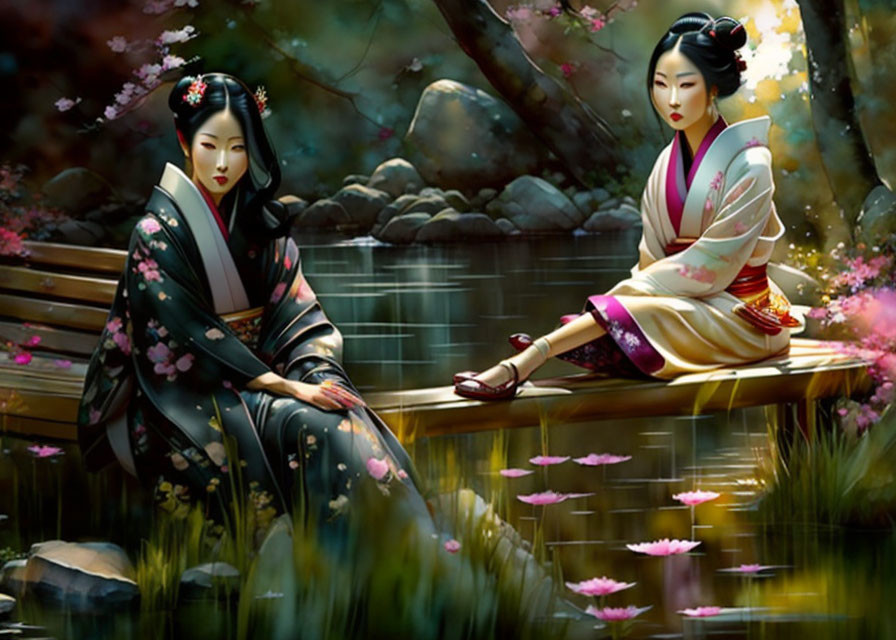 Two women in traditional Japanese attire by lotus pond in forest.